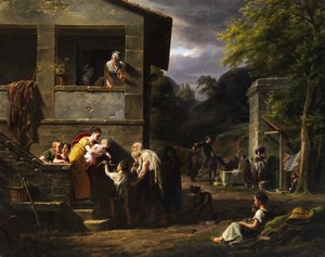 Blinder Bettler ja kleiner Junge am Haus einer vornehmen Dame tekijältä Antoine Beranger